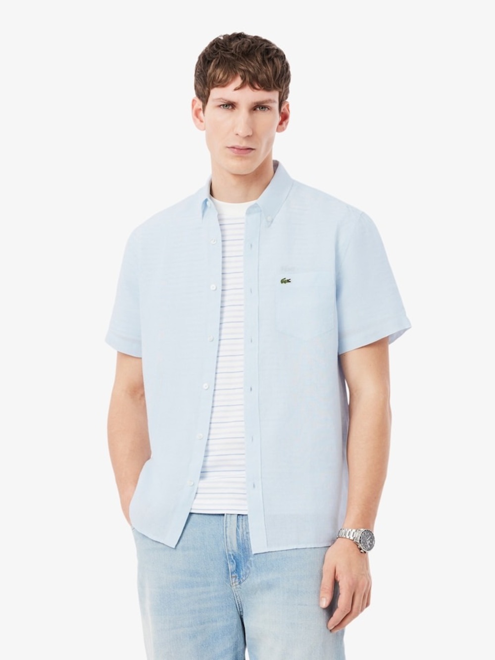 Lacoste Men's Light Blue Short Sleeve Button-Down Oxford Shirt